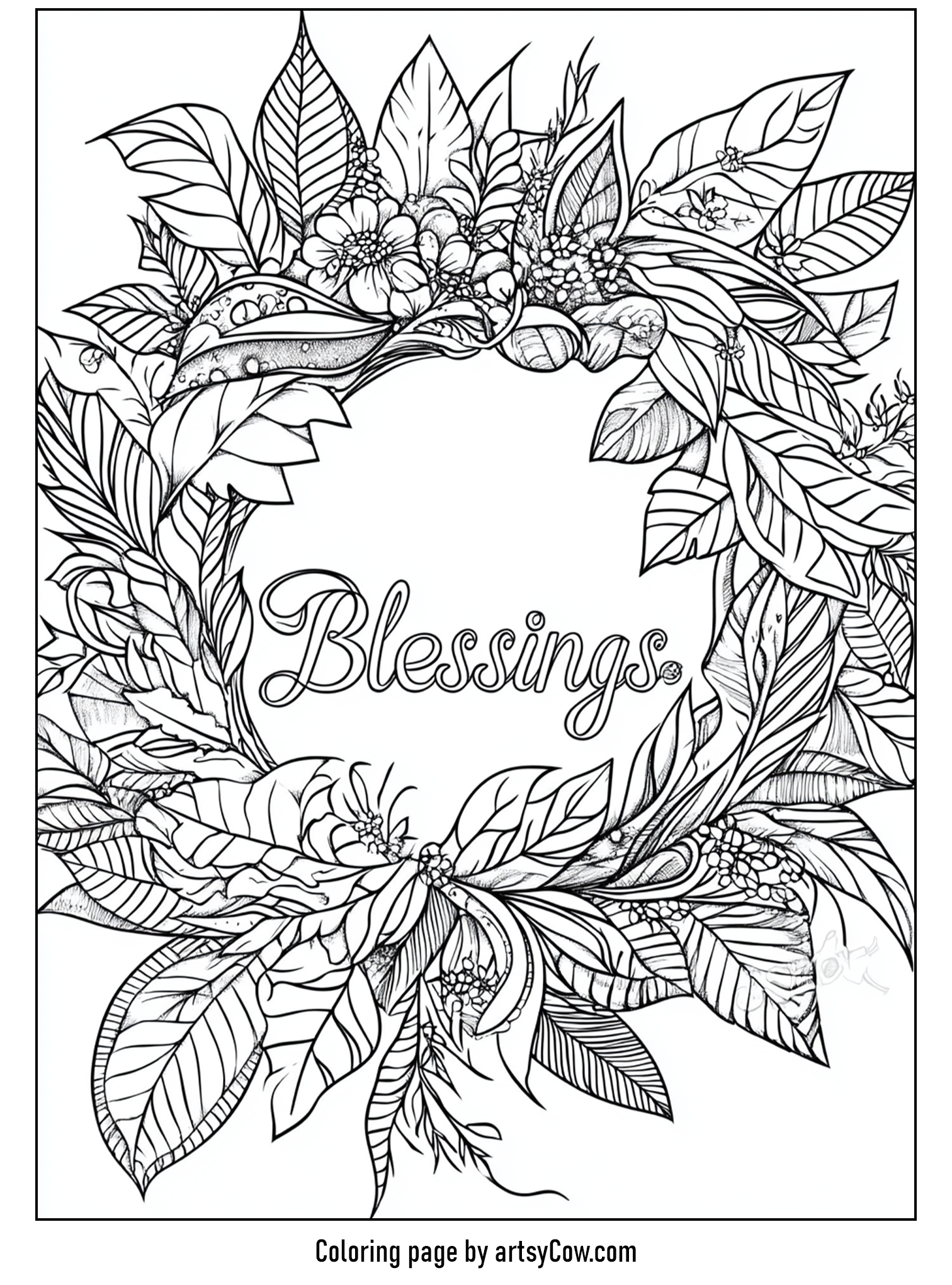 Thanksgiving coloring pages for adults featuring an intricate autumn wreath design with the word 'Blessings' in the center, surrounded by detailed leaves and flowers.
